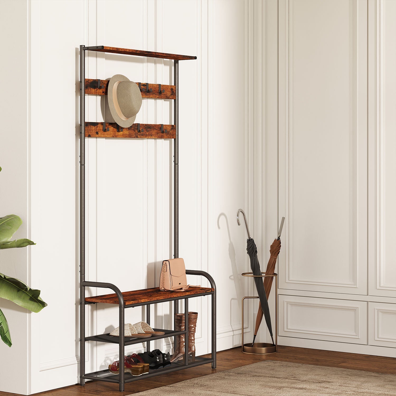 Coat Rack Stand – Wood and Metal – Rustic Brown and Black – Hall Tree with Bench and Shoe Storage, 9 Removable Hooks