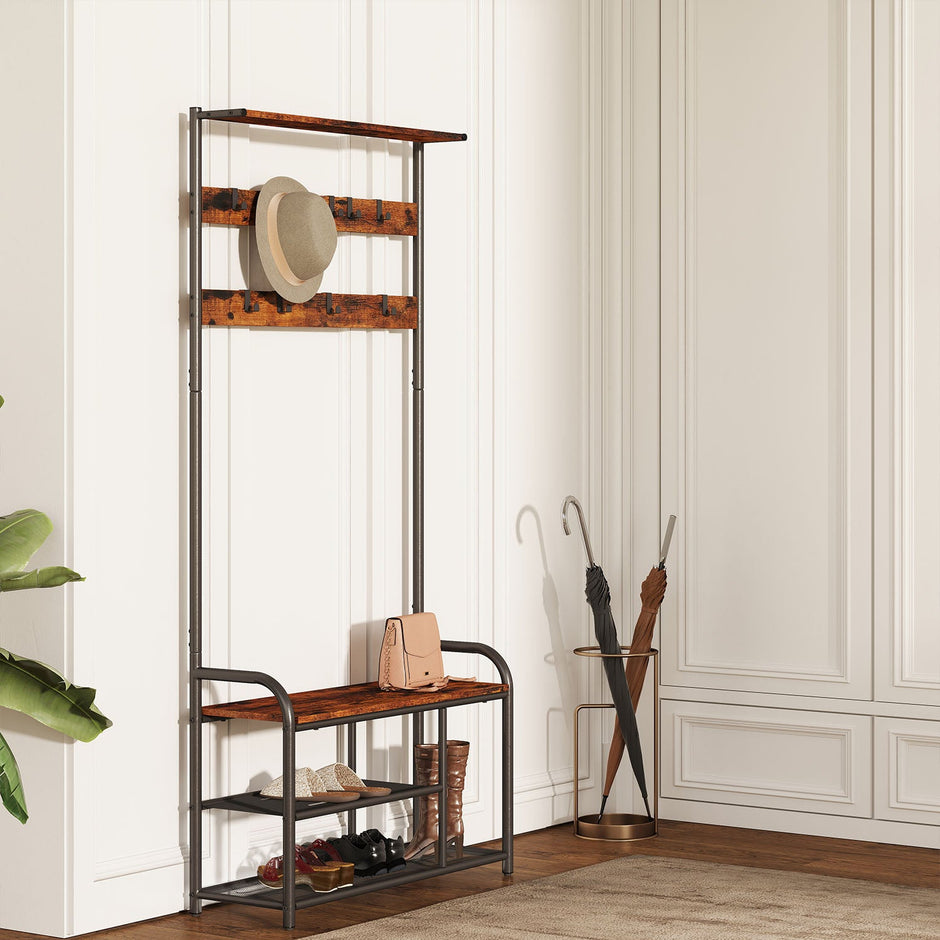 Coat Rack Stand – Wood and Metal – Rustic Brown and Black – Hall Tree with Bench and Shoe Storage, 9 Removable Hooks