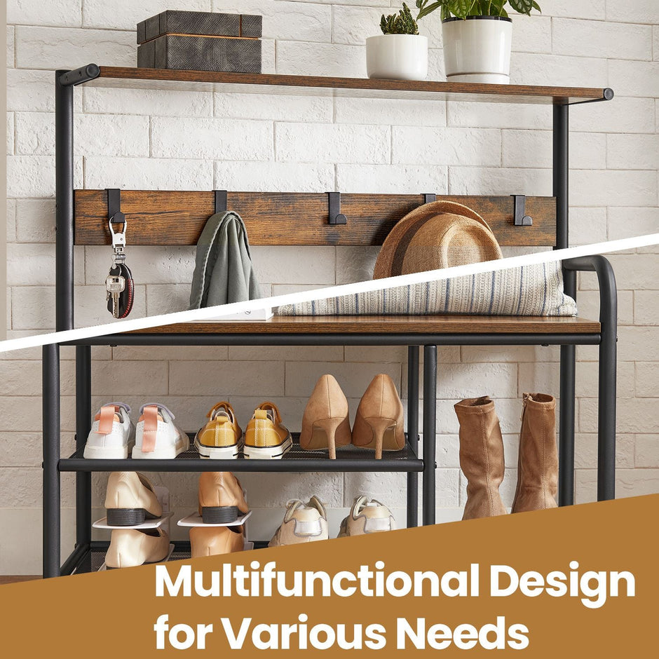 Coat Rack Stand – Wood and Metal – Rustic Brown and Black – Hall Tree with Bench and Shoe Storage, 9 Removable Hooks
