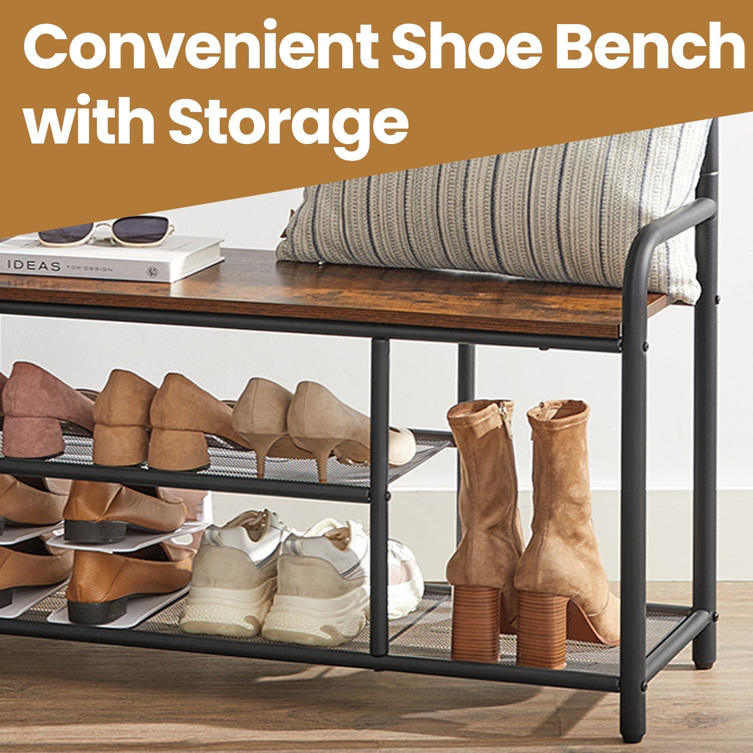 Coat Rack Stand – Wood and Metal – Rustic Brown and Black – Hall Tree with Bench and Shoe Storage, 9 Removable Hooks