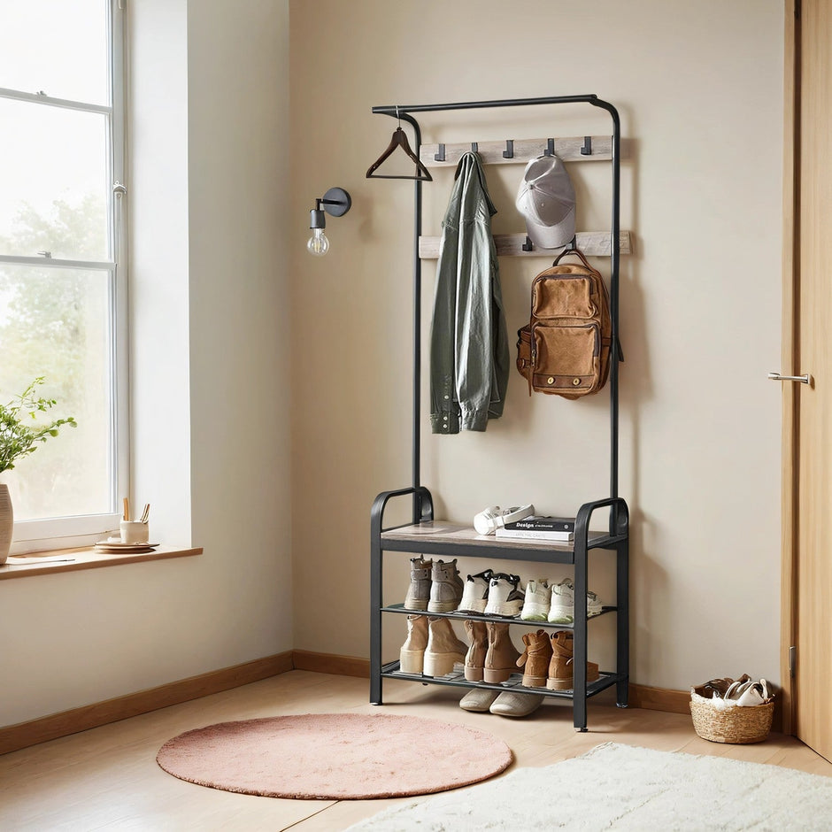 Coat Rack Stand – Metal and Wood – Greige and Black – 4-in-1 with Shoe Bench and 9 Removable Hooks