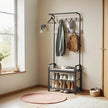 Coat Rack Stand – Metal and Wood – Greige and Black – 4-in-1 with Shoe Bench and 9 Removable Hooks