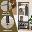 Coat Rack Stand – Metal and Wood – Greige and Black – 4-in-1 with Shoe Bench and 9 Removable Hooks