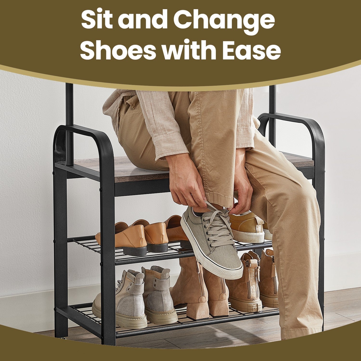 Coat Rack Stand – Metal and Wood – Greige and Black – 4-in-1 with Shoe Bench and 9 Removable Hooks