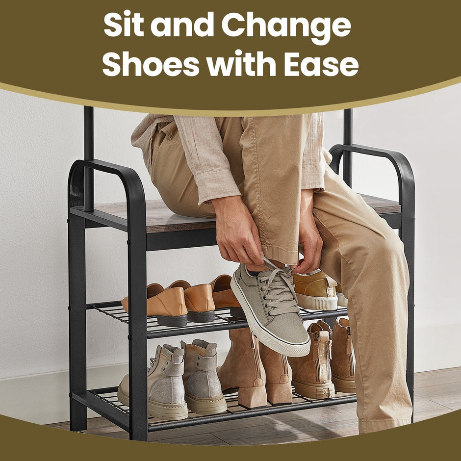 Coat Rack Stand – Metal and Wood – Greige and Black – 4-in-1 with Shoe Bench and 9 Removable Hooks