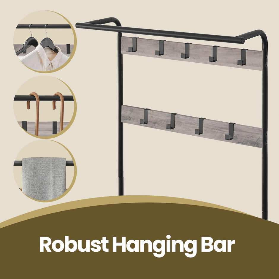 Coat Rack Stand – Metal and Wood – Greige and Black – 4-in-1 with Shoe Bench and 9 Removable Hooks