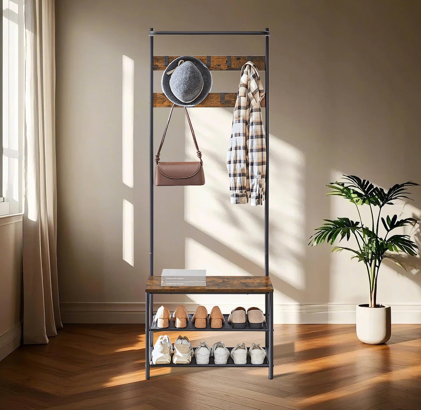 Hall Tree – Metal and Wood – Greige and Black – Entryway Bench with Coat Rack and Shoe Storage, 9 Movable Hooks
