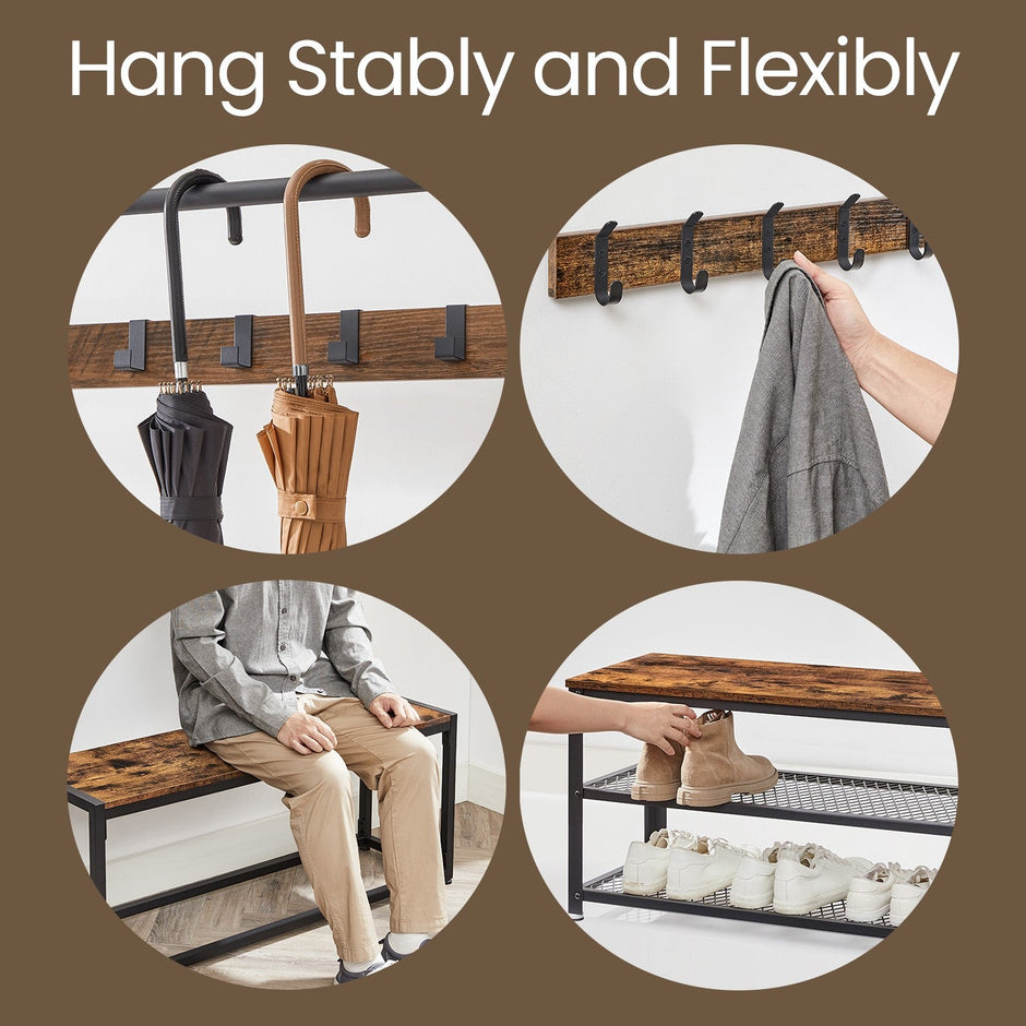 Hall Tree – Metal and Wood – Greige and Black – Entryway Bench with Coat Rack and Shoe Storage, 9 Movable Hooks