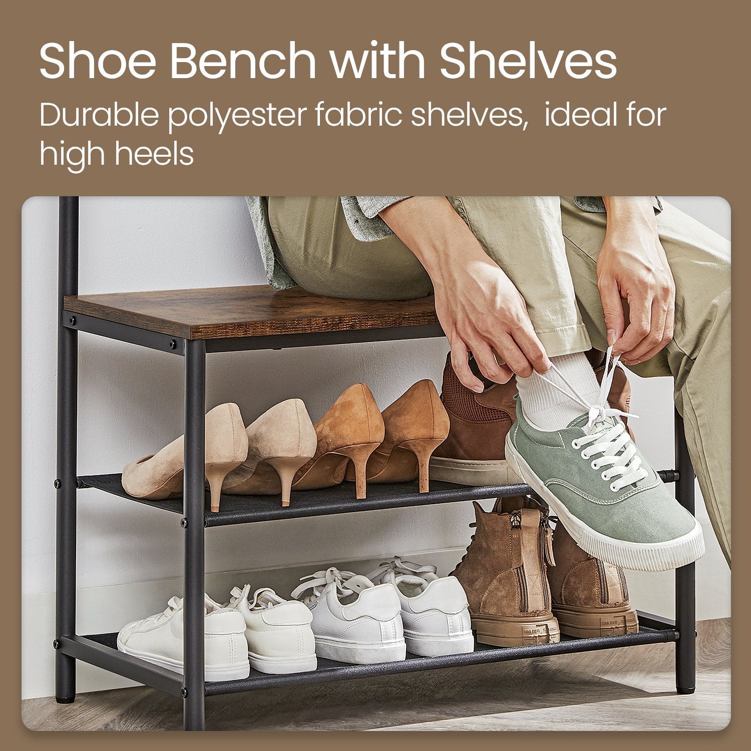 Hall Tree – Metal and Wood – Greige and Black – Entryway Bench with Coat Rack and Shoe Storage, 9 Movable Hooks