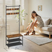 Hall Tree – Metal and Wood – Greige and Black – Entryway Bench with Coat Rack and Shoe Storage, 9 Movable Hooks