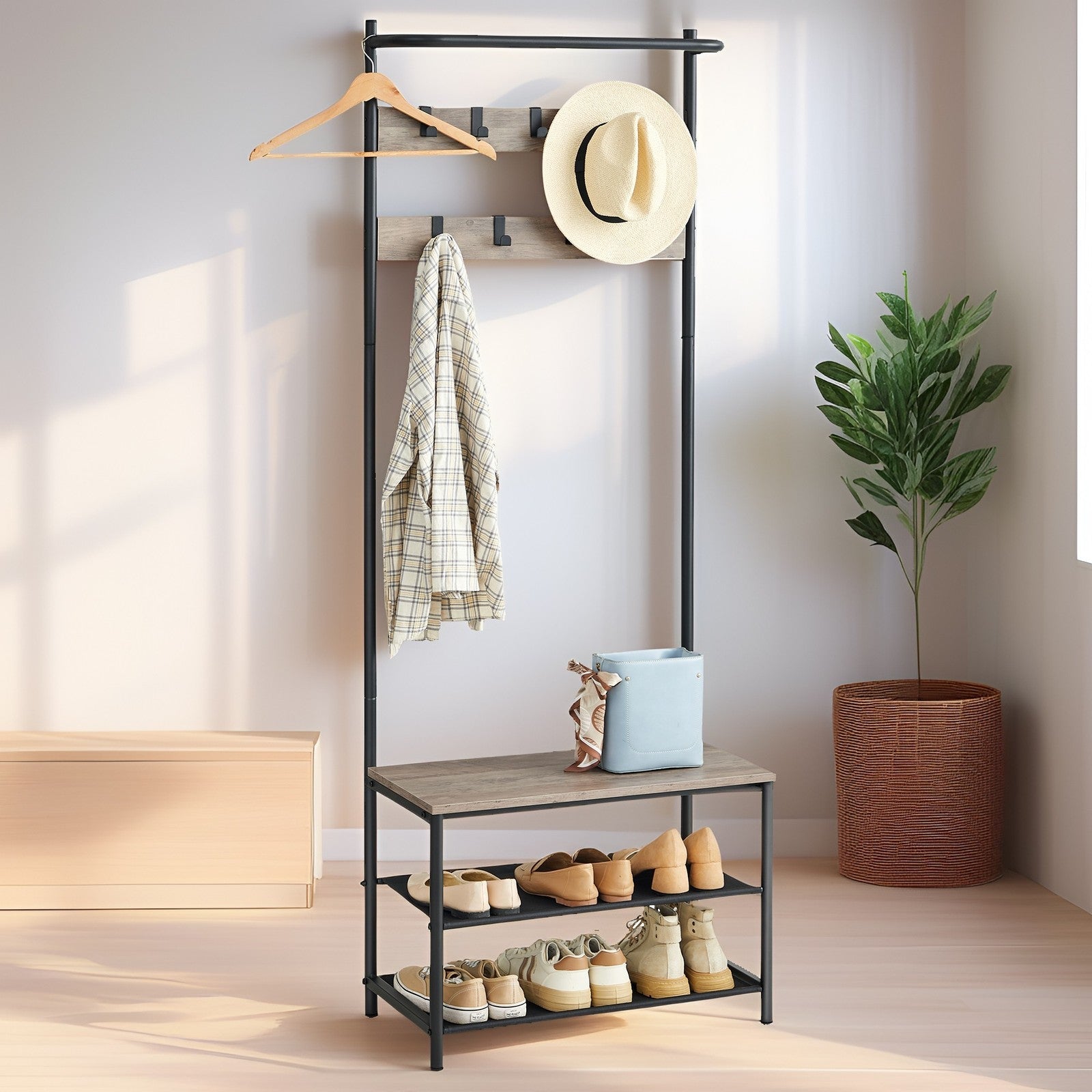 Hall Tree – Metal and Wood – Greige and Black – Entryway Bench with Coat Rack and Shoe Storage, 9 Movable Hooks