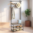 Hall Tree – Metal and Wood – Greige and Black – Entryway Bench with Coat Rack and Shoe Storage, 9 Movable Hooks