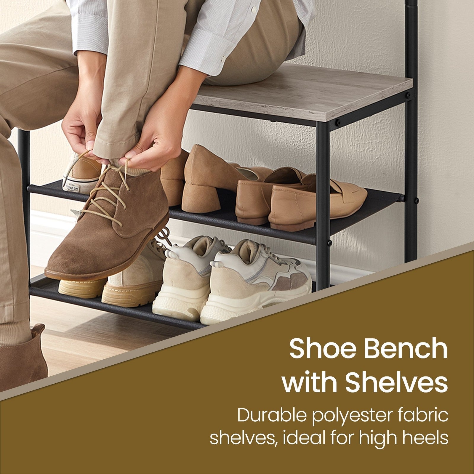 Hall Tree – Metal and Wood – Greige and Black – Entryway Bench with Coat Rack and Shoe Storage, 9 Movable Hooks