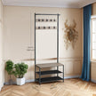 Hall Tree – Metal and Wood – Greige and Black – Entryway Bench with Coat Rack and Shoe Storage, 9 Movable Hooks