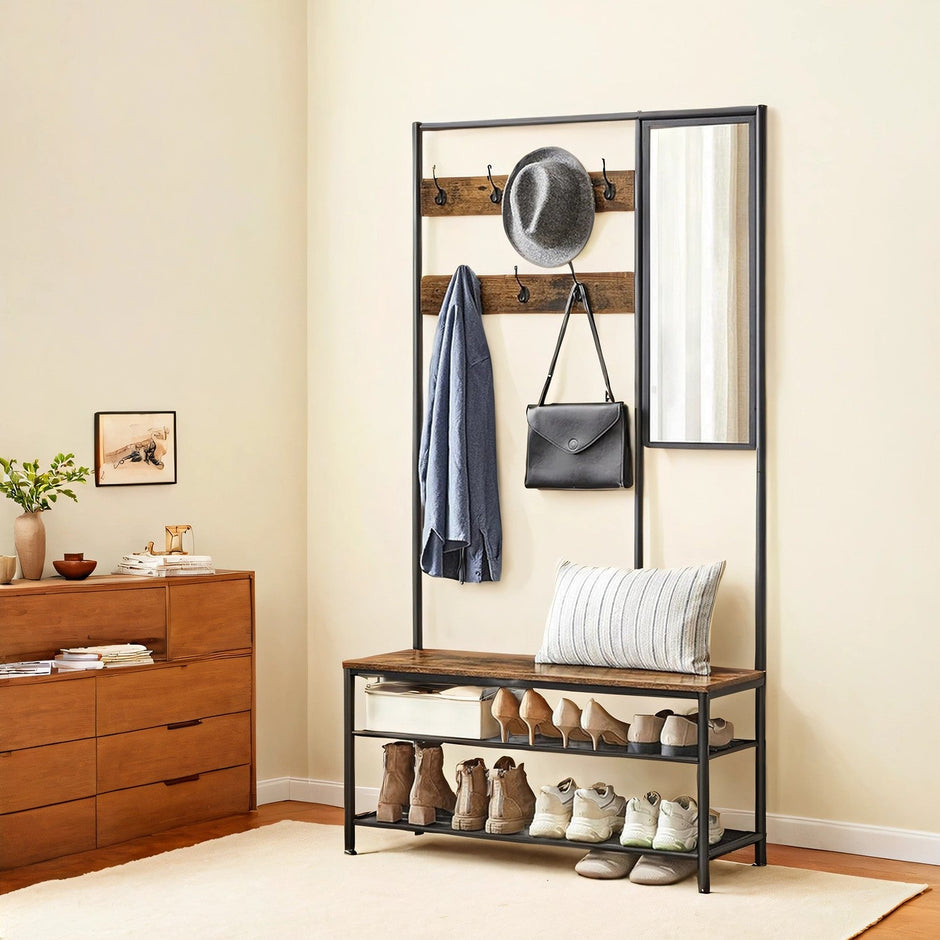 Coat Rack – MDF – Camel Brown and Ink Black – With Mirror and Shoe Storage