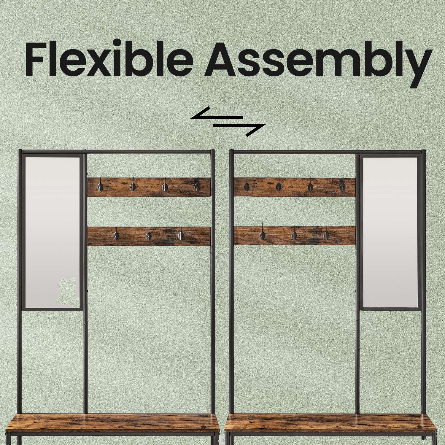 Coat Rack – MDF – Camel Brown and Ink Black – With Mirror and Shoe Storage