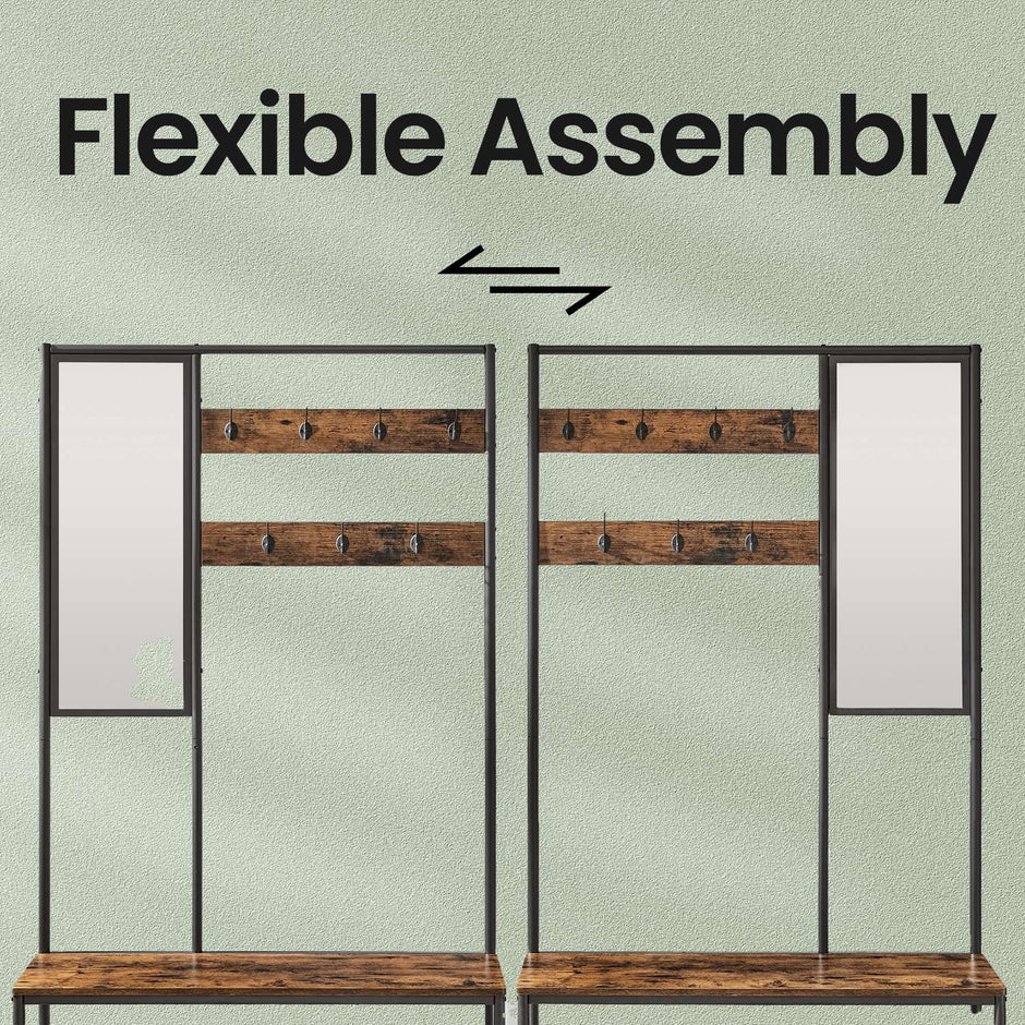 Coat Rack – MDF – Camel Brown and Ink Black – With Mirror and Shoe Storage