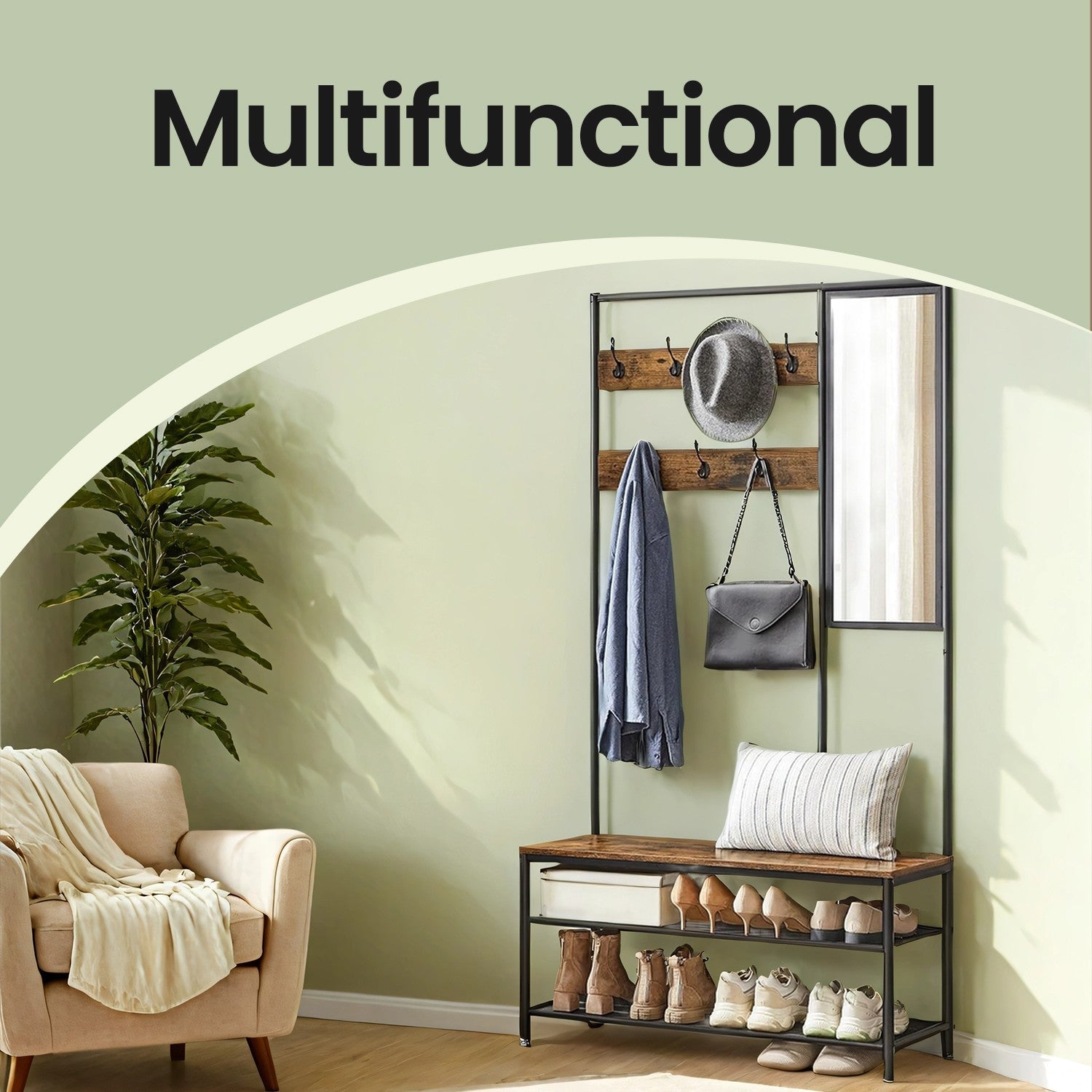 Coat Rack – MDF – Camel Brown and Ink Black – With Mirror and Shoe Storage