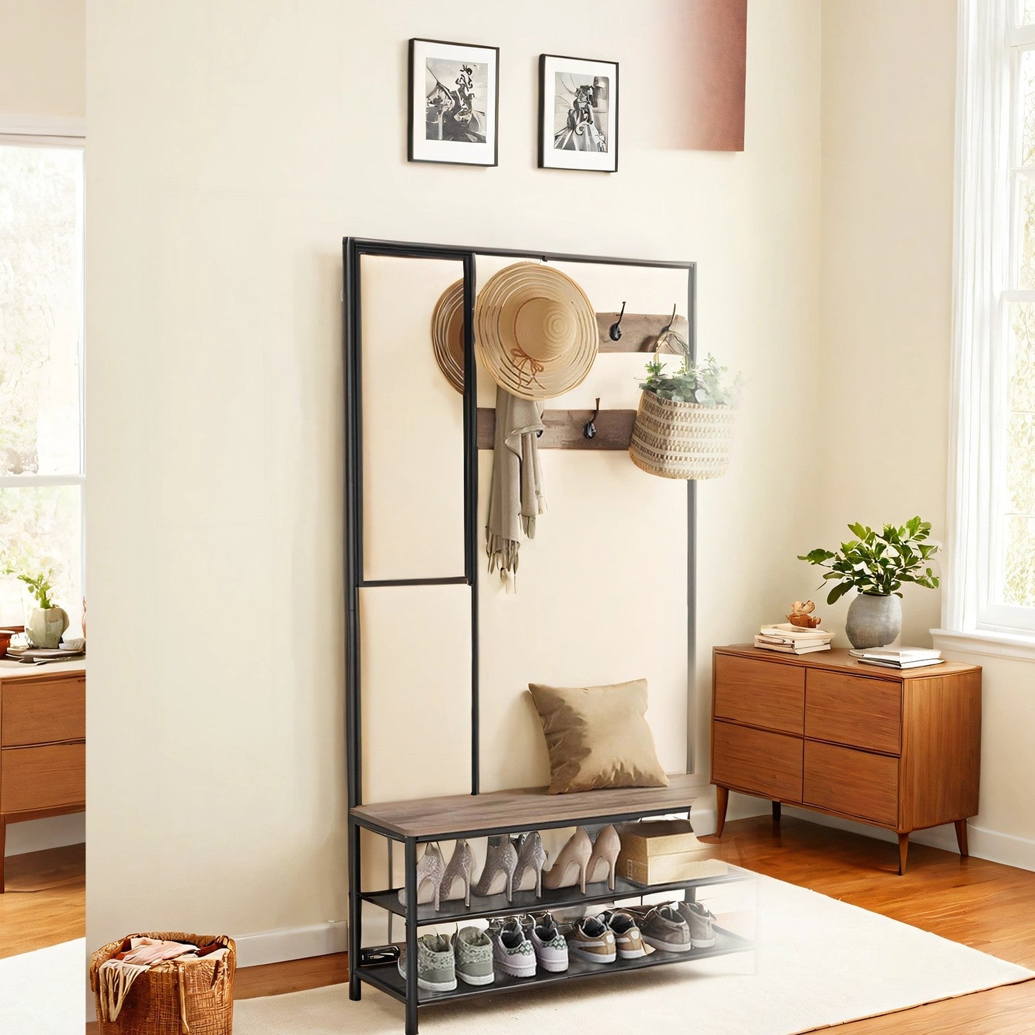 Coat Rack – MDF – Camel Brown and Ink Black – With Mirror and Shoe Storage