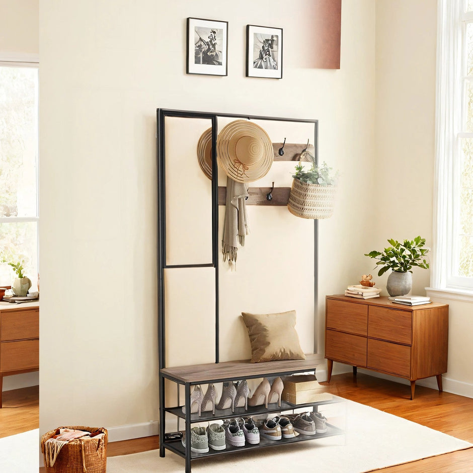 Coat Rack – MDF – Camel Brown and Ink Black – With Mirror and Shoe Storage