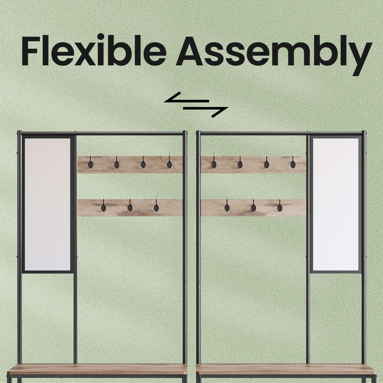Coat Rack – MDF – Camel Brown and Ink Black – With Mirror and Shoe Storage