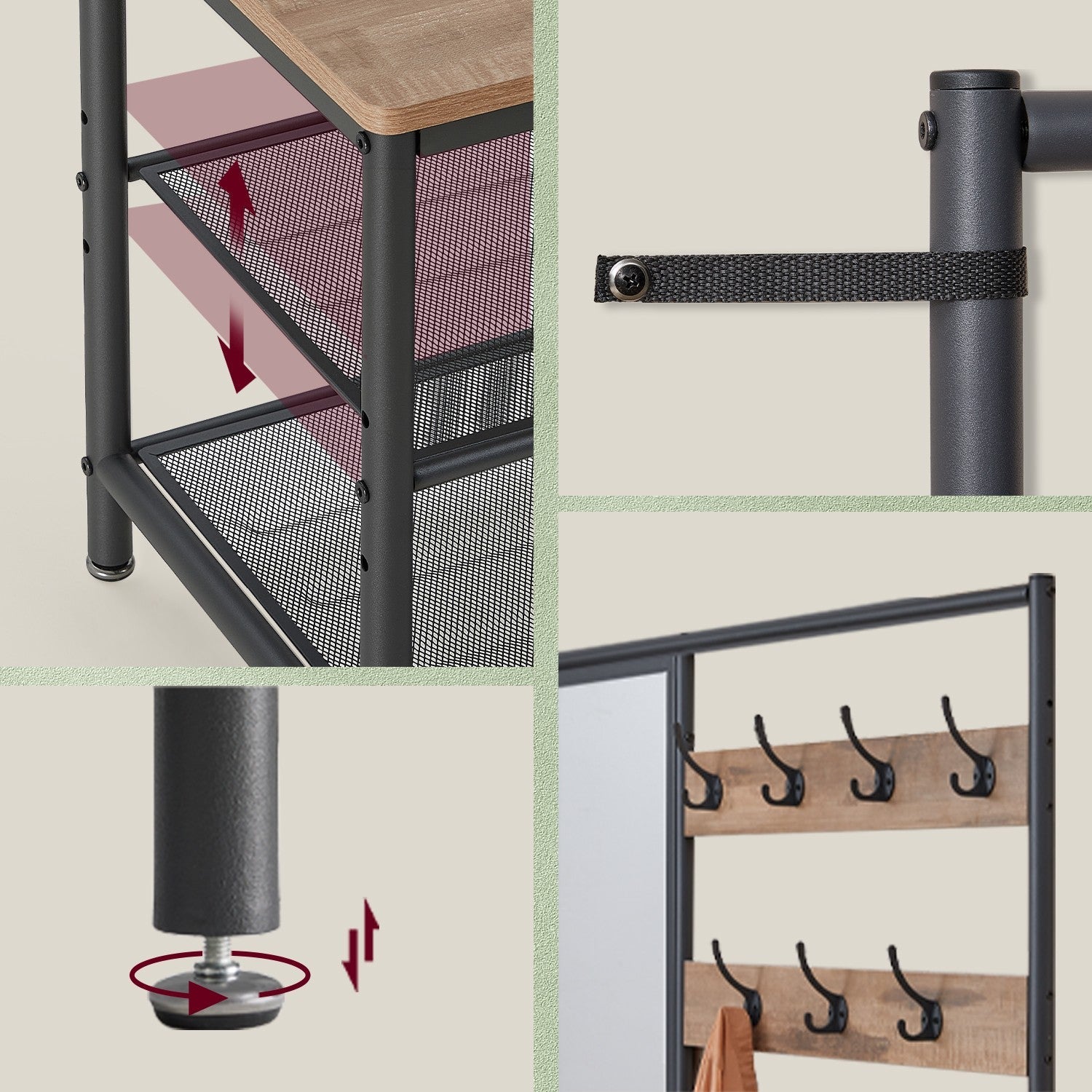 Coat Rack – MDF – Camel Brown and Ink Black – With Mirror and Shoe Storage