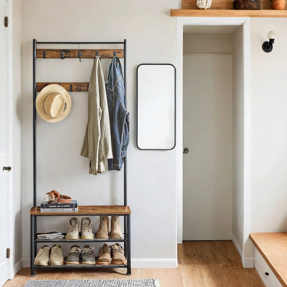 Coat and Shoe Rack – Metal and Wood – Greige and Black – With Storage Bench