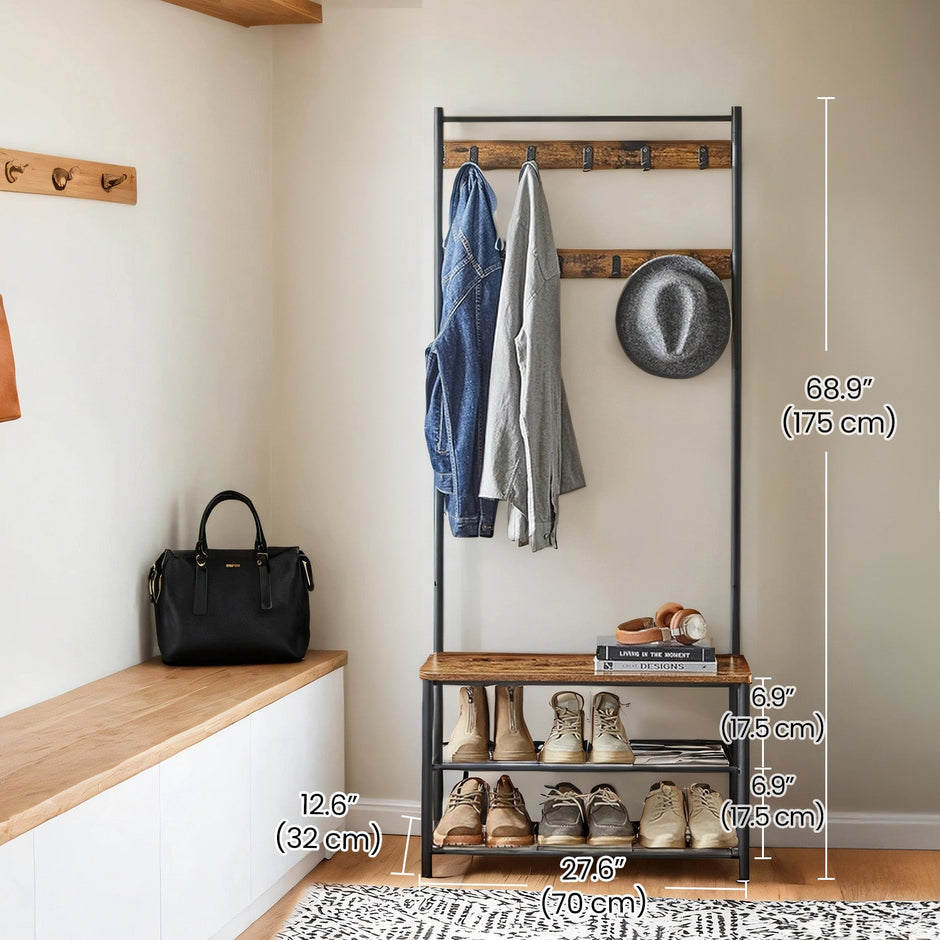 Coat and Shoe Rack – Metal and Wood – Greige and Black – With Storage Bench