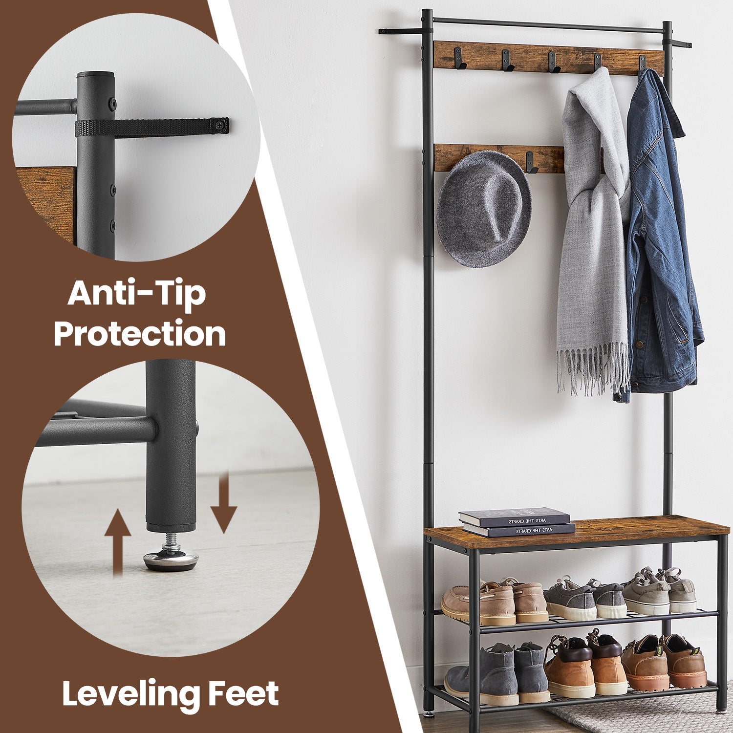 Coat and Shoe Rack – Metal and Wood – Greige and Black – With Storage Bench