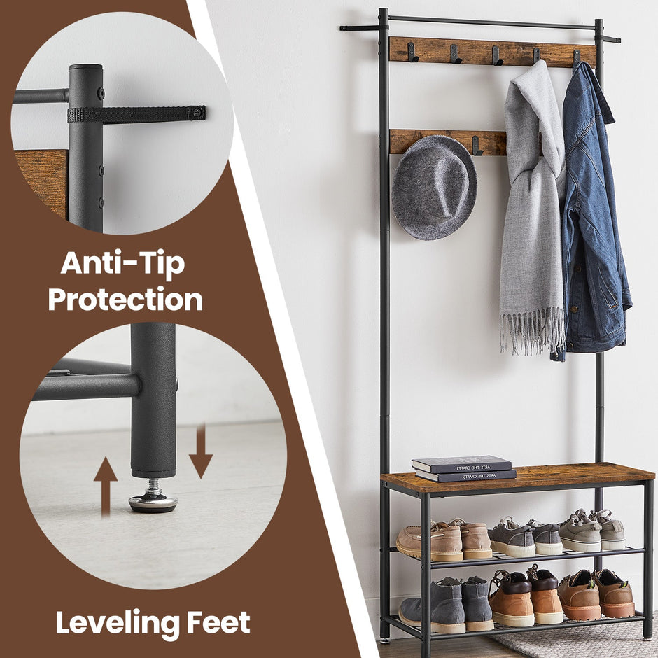 Coat and Shoe Rack – Metal and Wood – Greige and Black – With Storage Bench