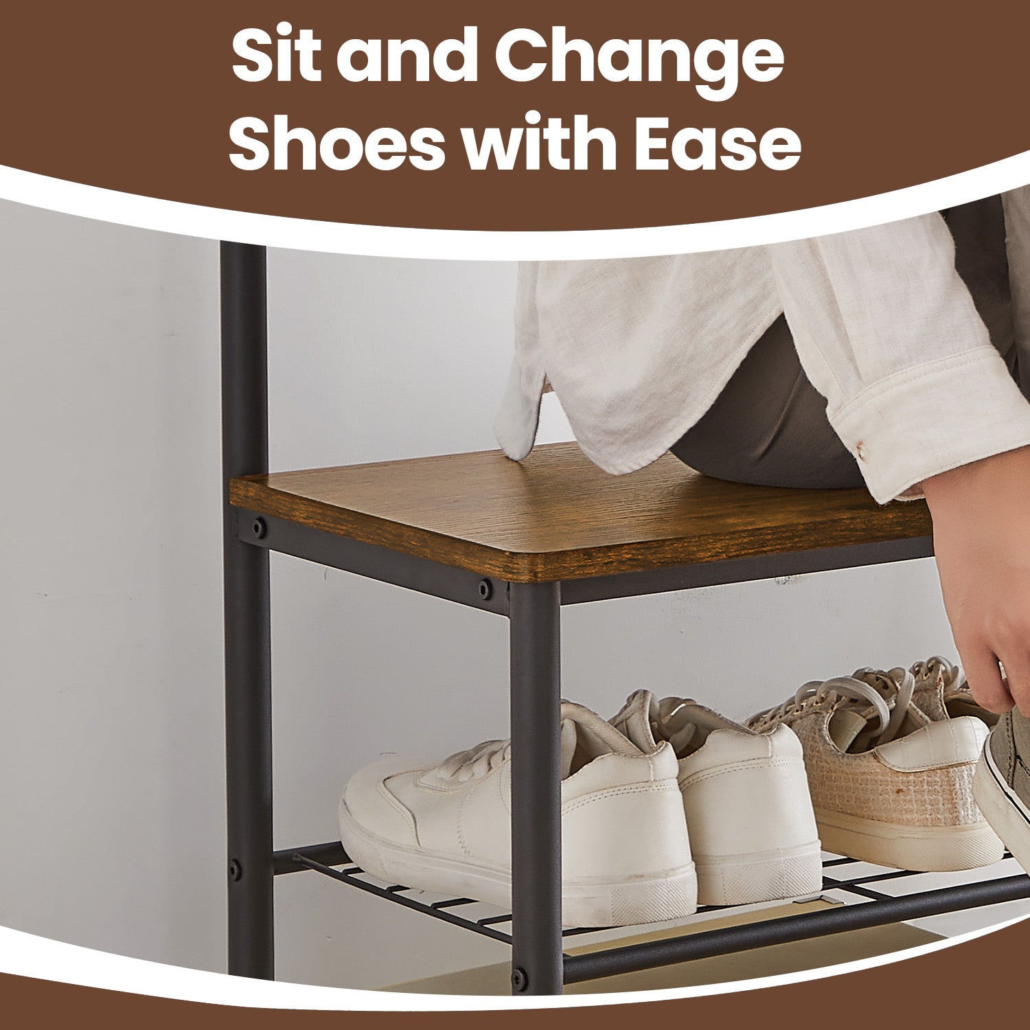 Coat and Shoe Rack – Metal and Wood – Greige and Black – With Storage Bench