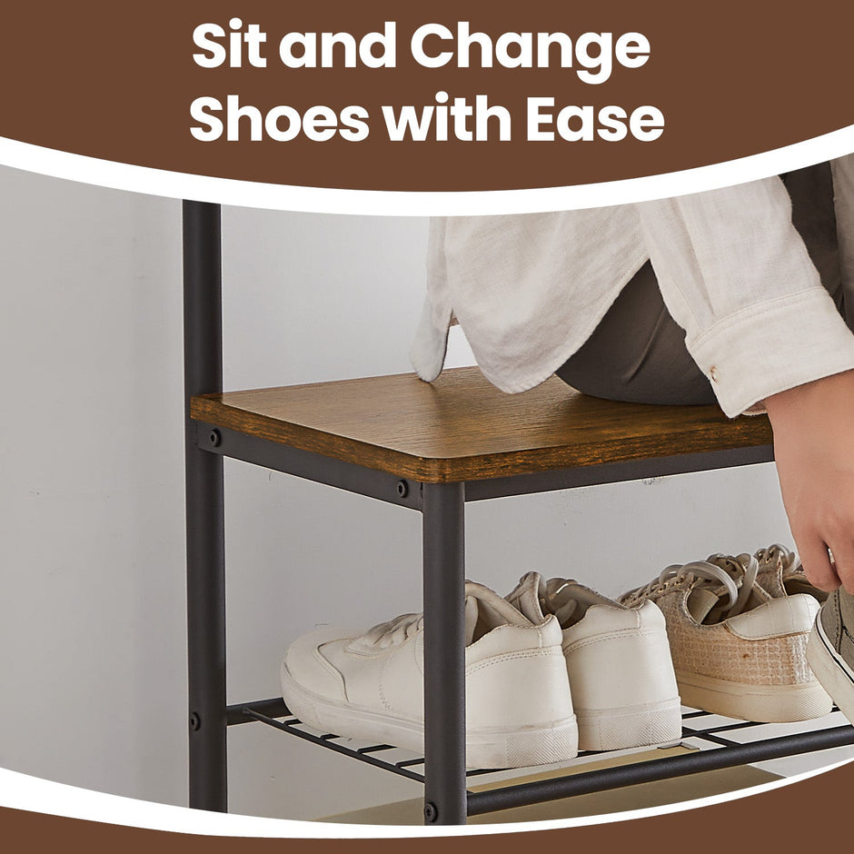 Coat and Shoe Rack – Metal and Wood – Greige and Black – With Storage Bench