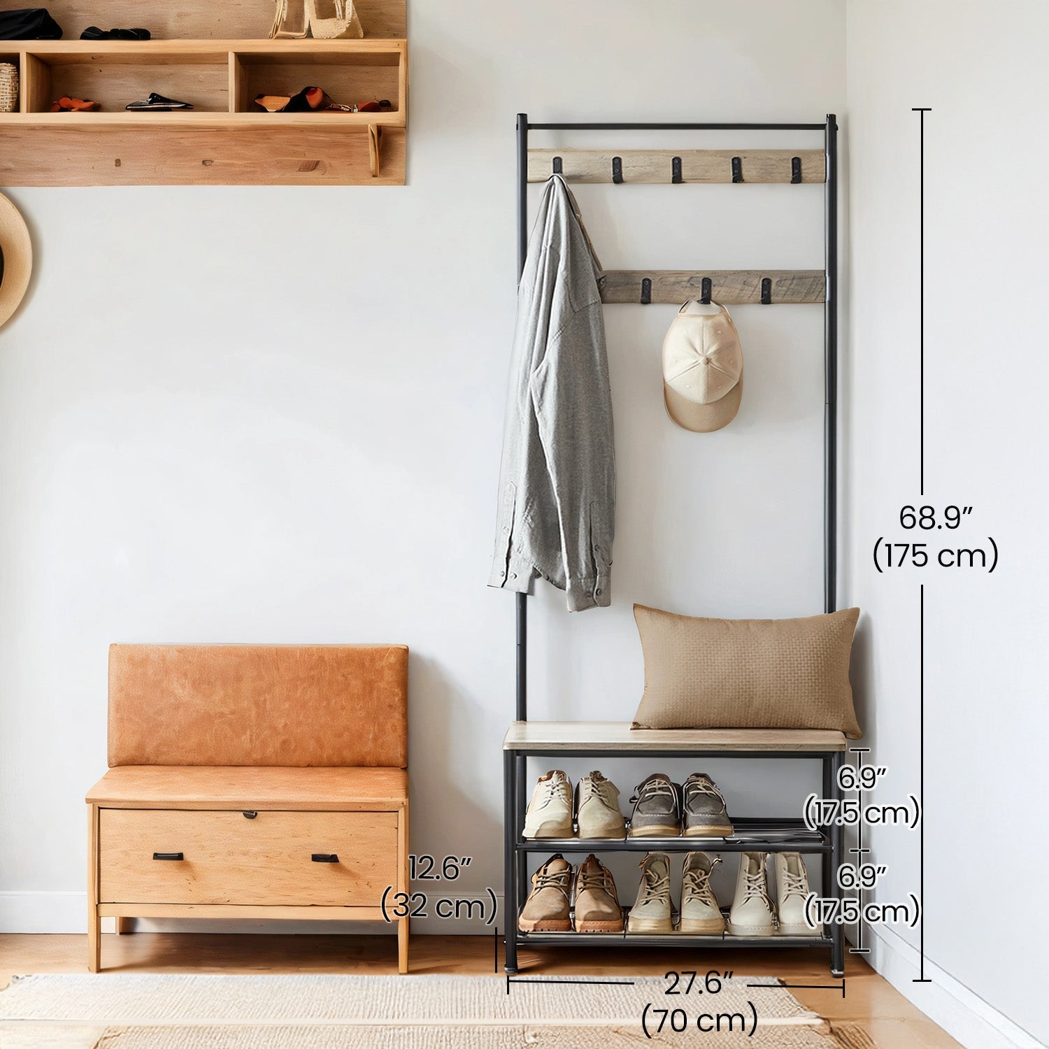 Coat and Shoe Rack – Wood and Metal – Greige and Black – With Storage Bench