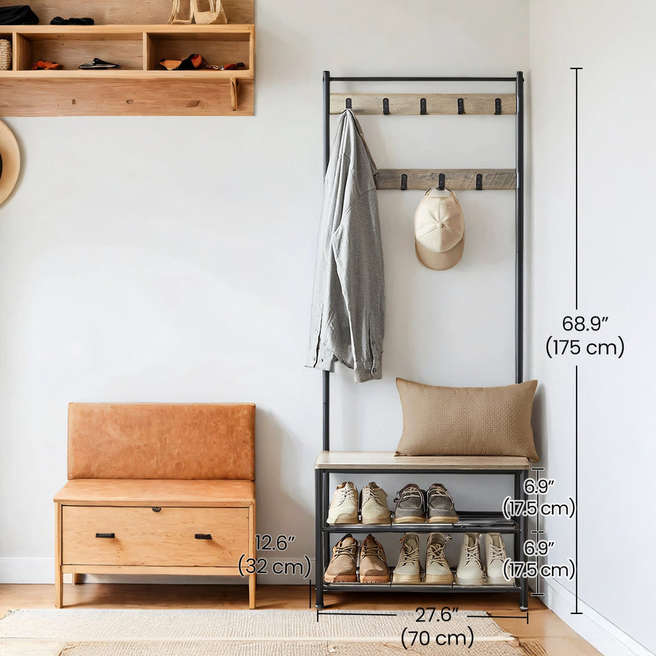 Coat and Shoe Rack – Wood and Metal – Greige and Black – With Storage Bench