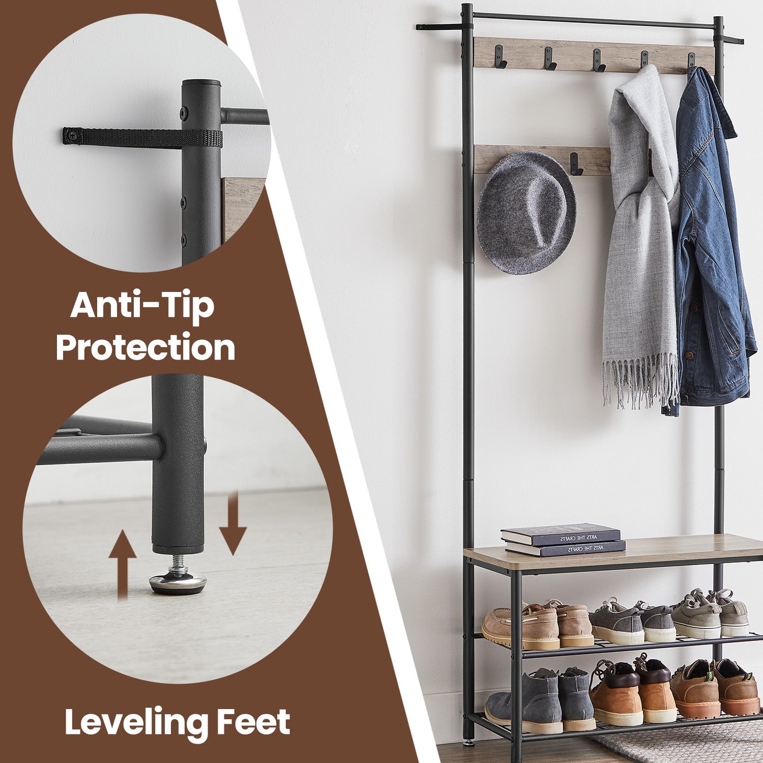 Coat and Shoe Rack – Wood and Metal – Greige and Black – With Storage Bench