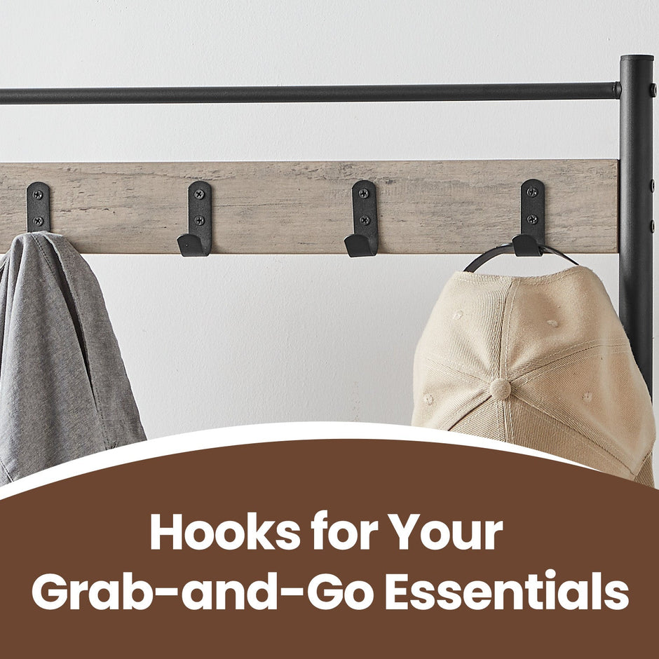 Coat and Shoe Rack – Wood and Metal – Greige and Black – With Storage Bench