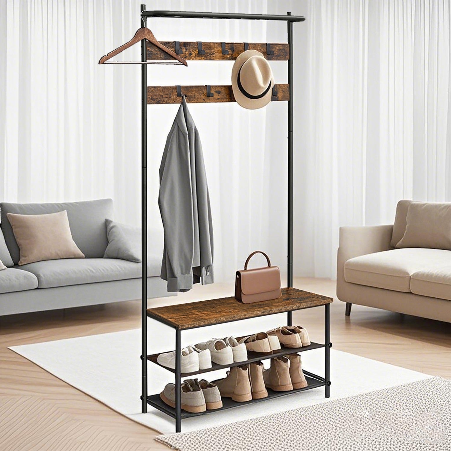 Hall Tree – Metal and Wood – Greige and Black – Entryway Bench with Coat Rack and Shoe Storage, 9 Movable Hooks