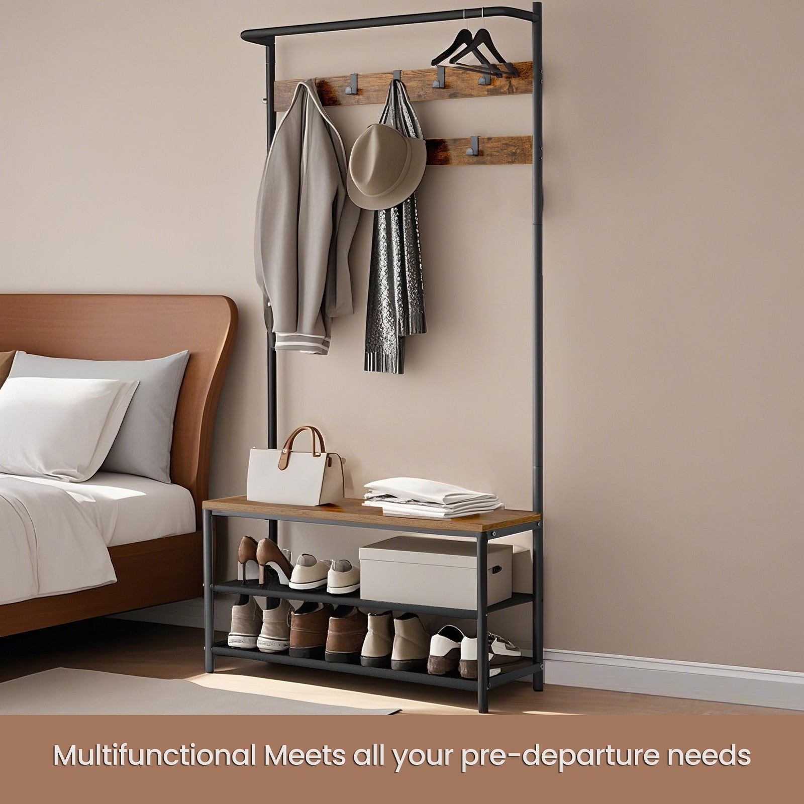 Hall Tree – Metal and Wood – Greige and Black – Entryway Bench with Coat Rack and Shoe Storage, 9 Movable Hooks