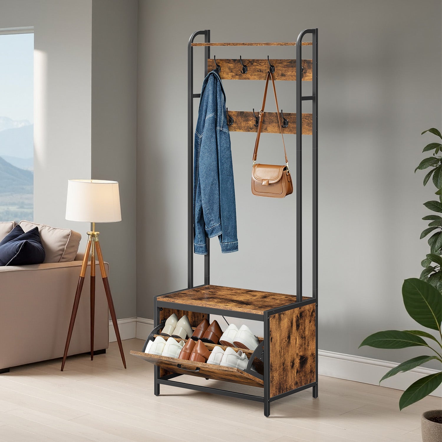 Industrial Hall Tree – Wood and Metal – Rustic Brown and Black – Bench with Shoe Storage, 7 Hooks, and Shelf