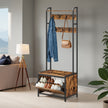 Industrial Hall Tree – Wood and Metal – Rustic Brown and Black – Bench with Shoe Storage, 7 Hooks, and Shelf