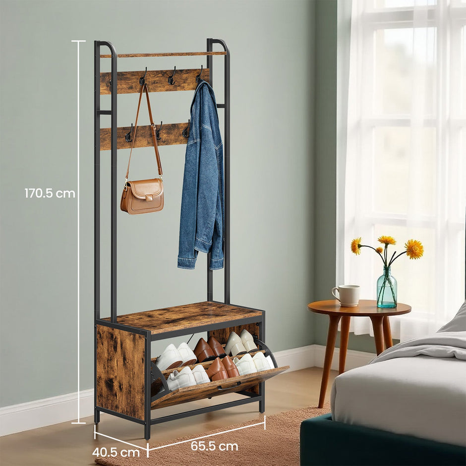 Industrial Hall Tree – Wood and Metal – Rustic Brown and Black – Bench with Shoe Storage, 7 Hooks, and Shelf