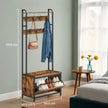 Industrial Hall Tree – Wood and Metal – Rustic Brown and Black – Bench with Shoe Storage, 7 Hooks, and Shelf