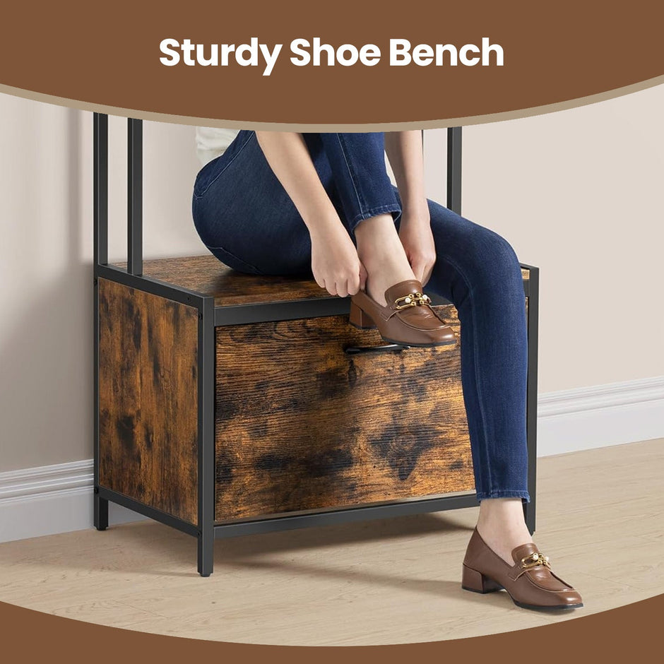 Industrial Hall Tree – Wood and Metal – Rustic Brown and Black – Bench with Shoe Storage, 7 Hooks, and Shelf
