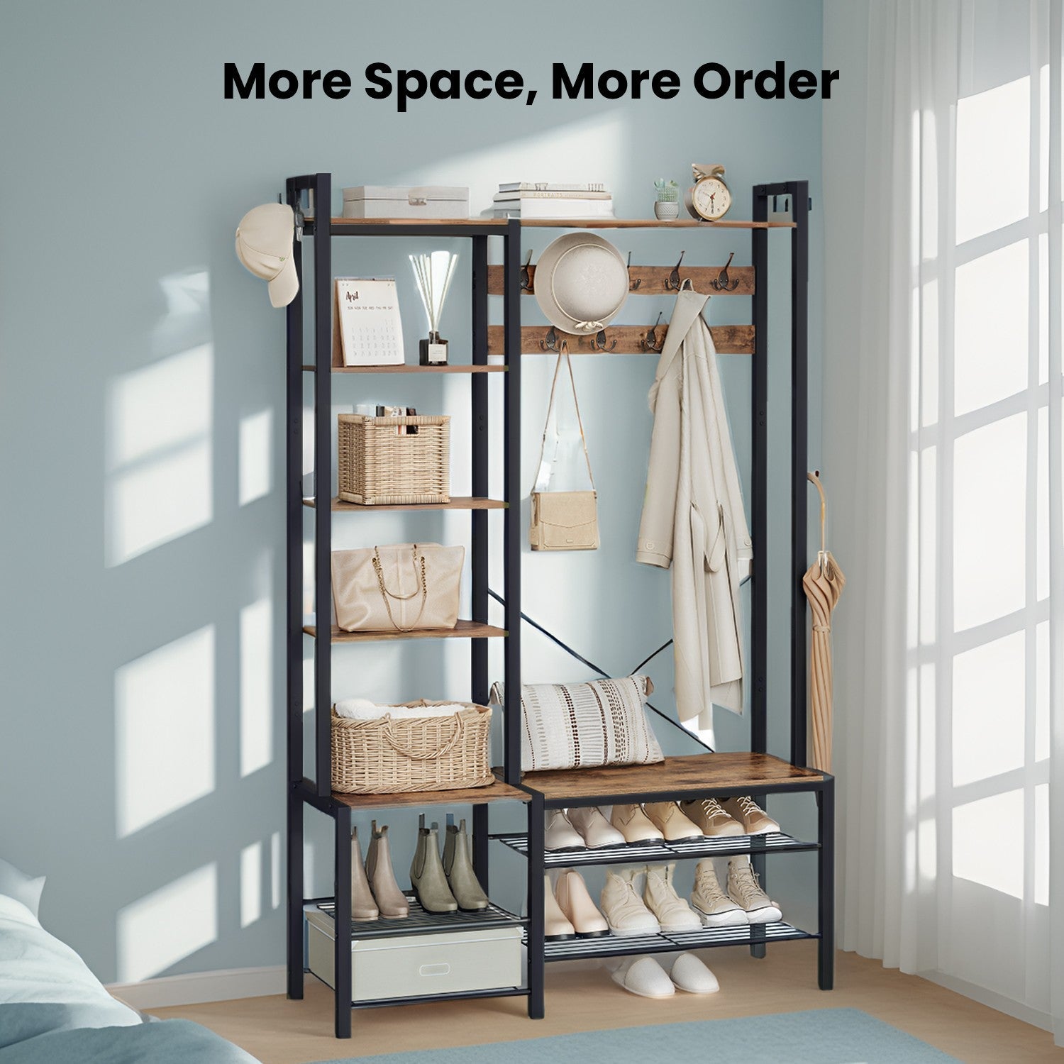 Hall Tree – Wood – Vintage Brown and Ink Black – With Bench and 5 Storage Shelves