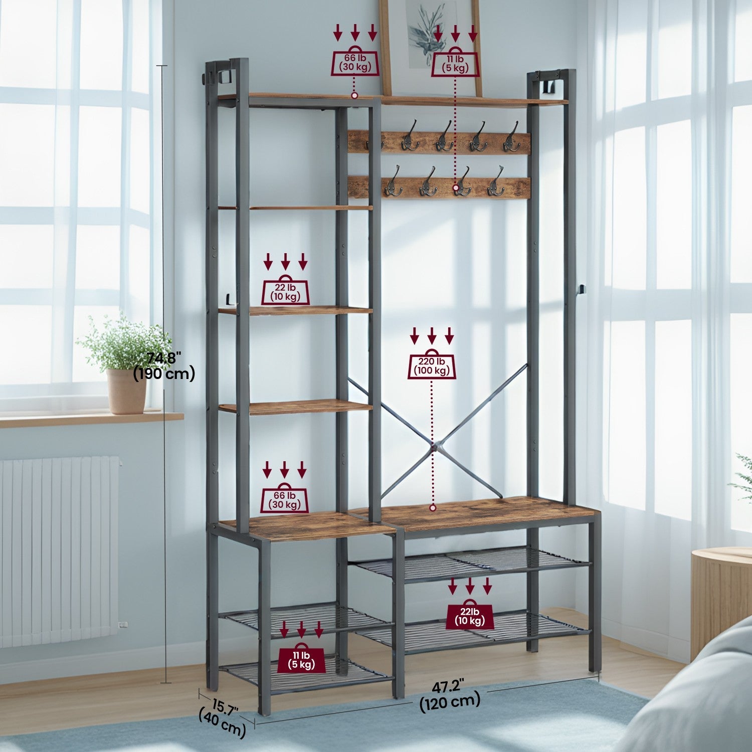 Hall Tree – Wood – Vintage Brown and Ink Black – With Bench and 5 Storage Shelves