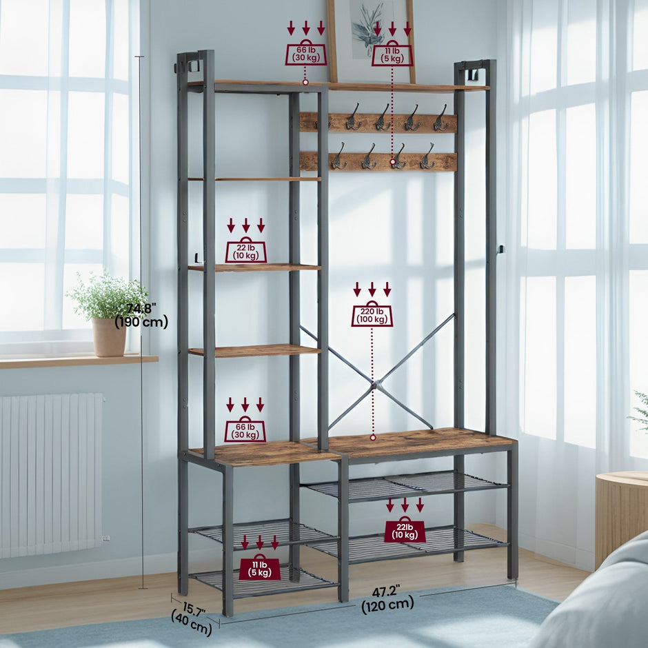 Hall Tree – Wood – Vintage Brown and Ink Black – With Bench and 5 Storage Shelves