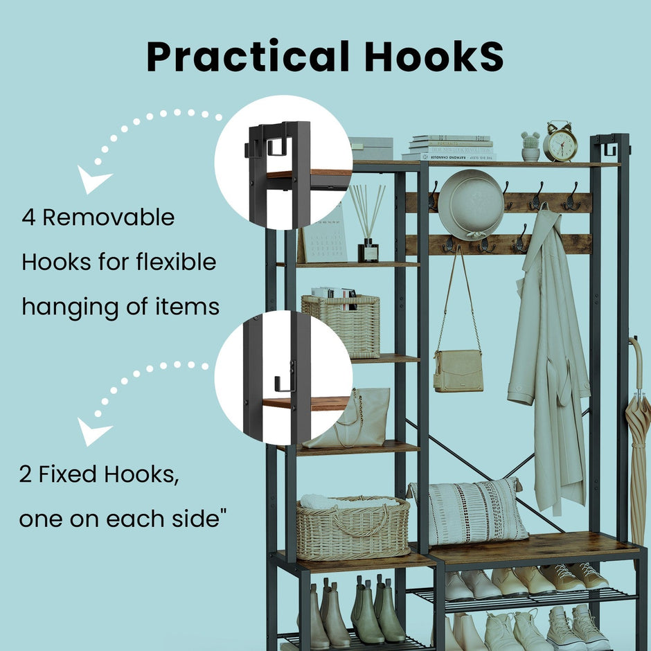 Hall Tree – Wood – Vintage Brown and Ink Black – With Bench and 5 Storage Shelves