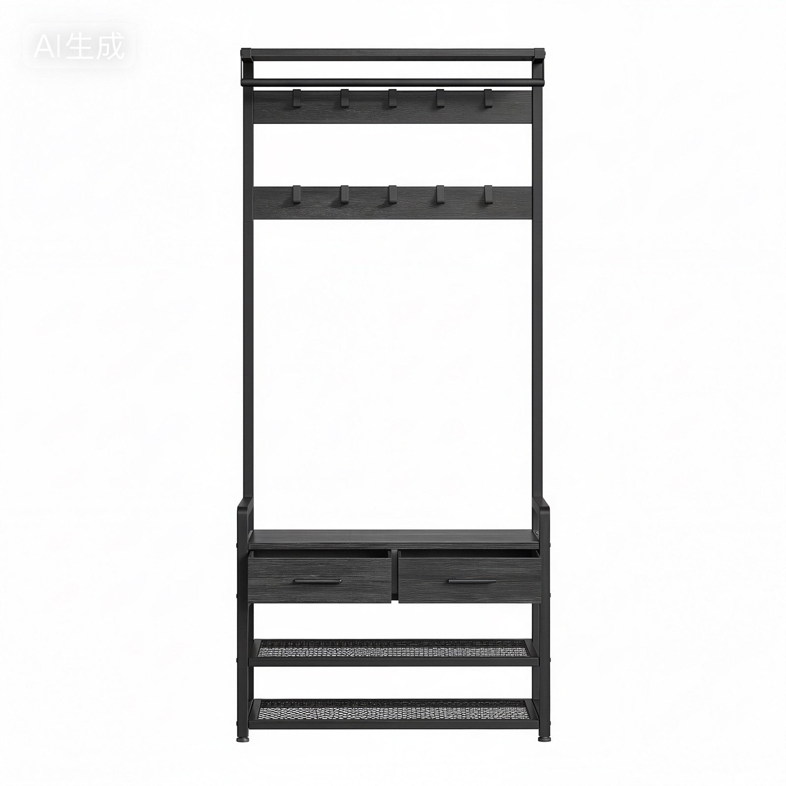 Coat Rack with Shoe Bench – Engineered Wood – Dark Gray – Includes Drawers and Hooks