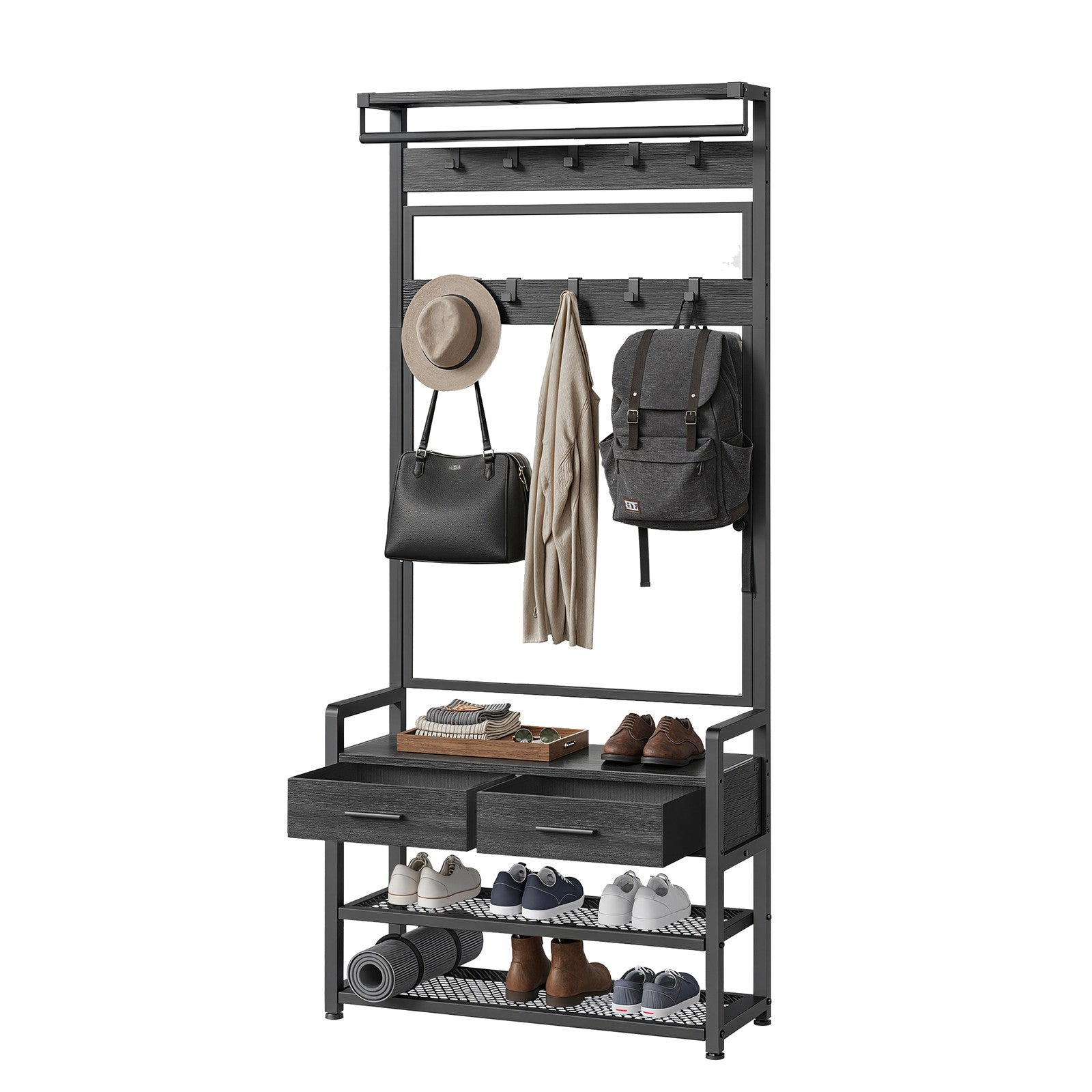 Coat Rack with Shoe Bench – Engineered Wood – Dark Gray – Includes Drawers and Hooks