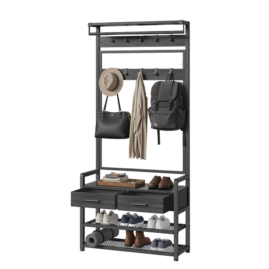 Coat Rack with Shoe Bench – Engineered Wood – Dark Gray – Includes Drawers and Hooks